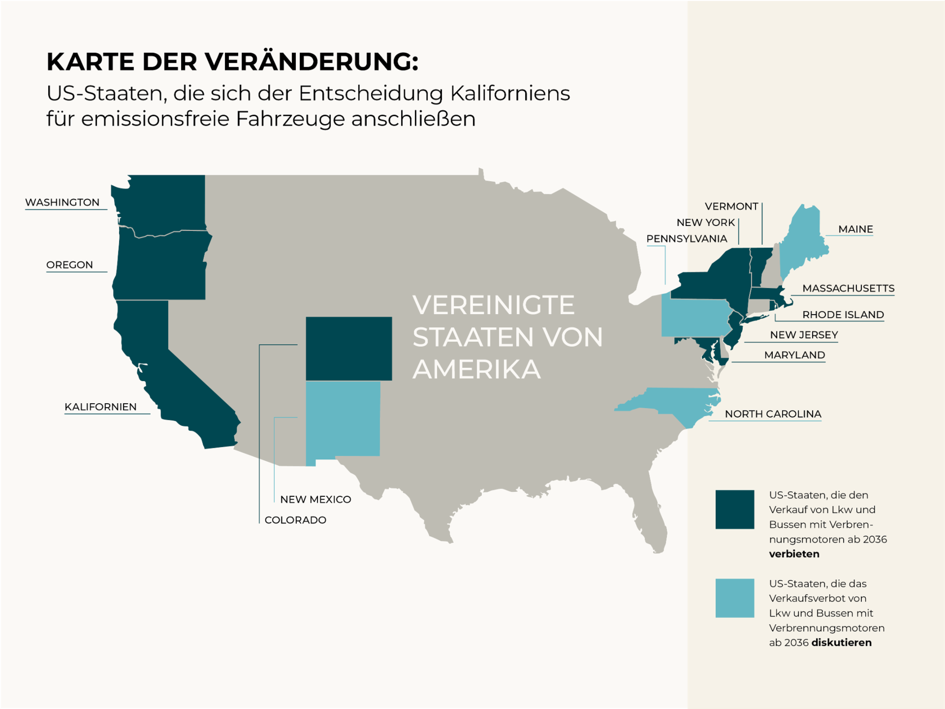 Überblick über die US-Bundesstaaten, die der kalifornischen Richtlinie für emissionsfreie Fahrzeuge folgen