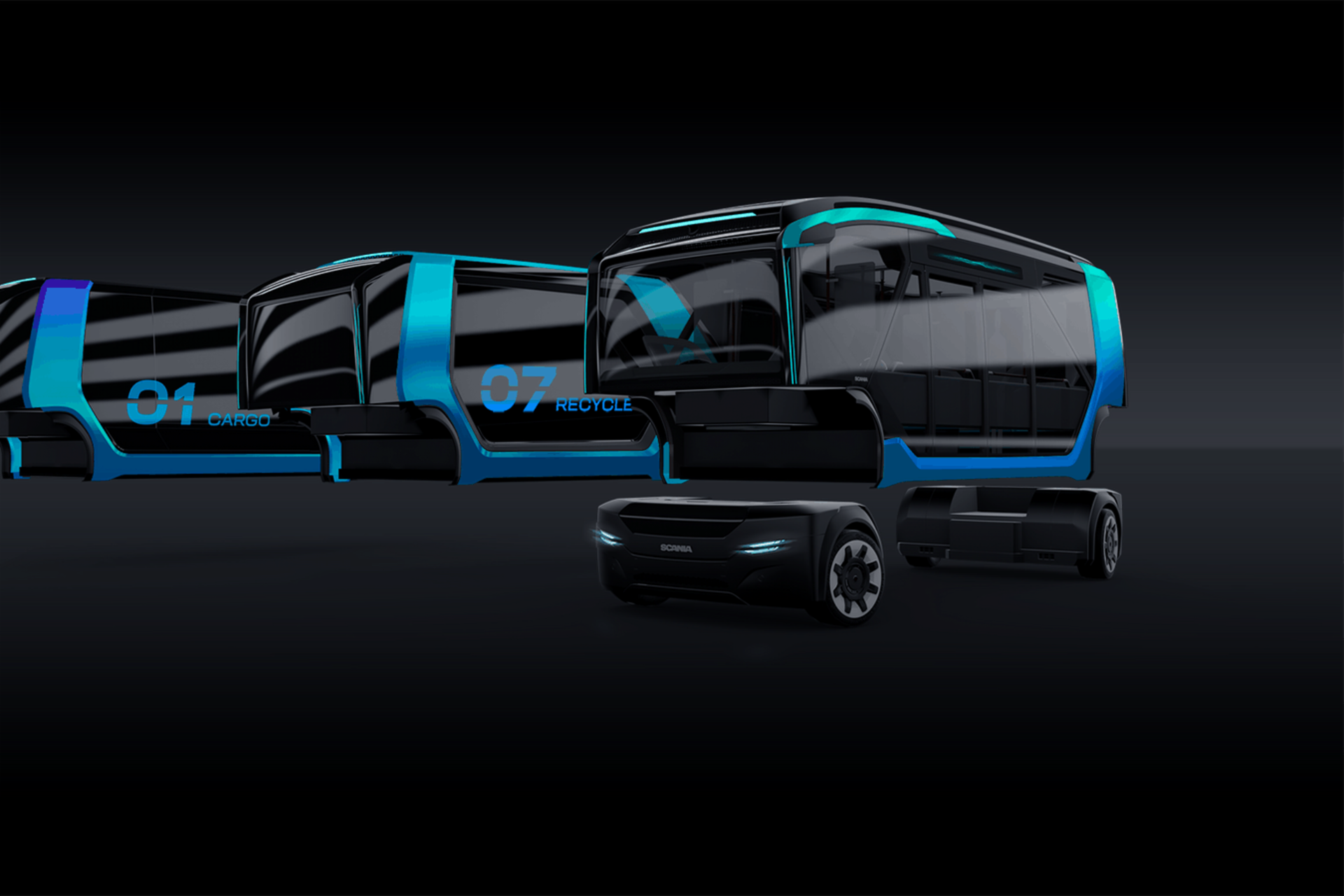 Das neue batterieelektrisch betriebene und selbst-fahrende Konzeptfahrzeug von Scania
                 