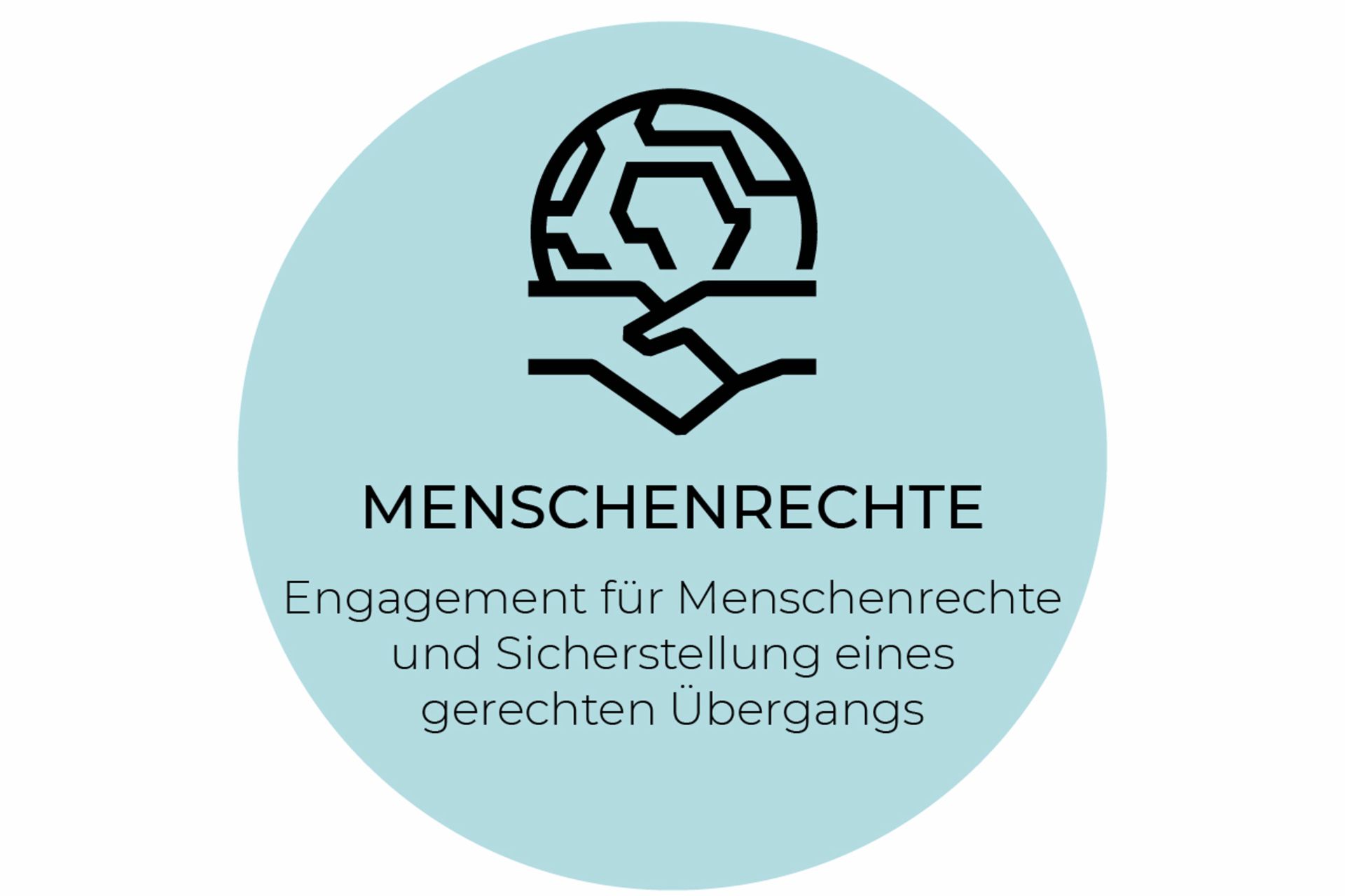 Symbolischer Händedruck vor einem stilisierten Globus, mit Text zur Förderung von Menschenrechten und gerechtem Übergang.