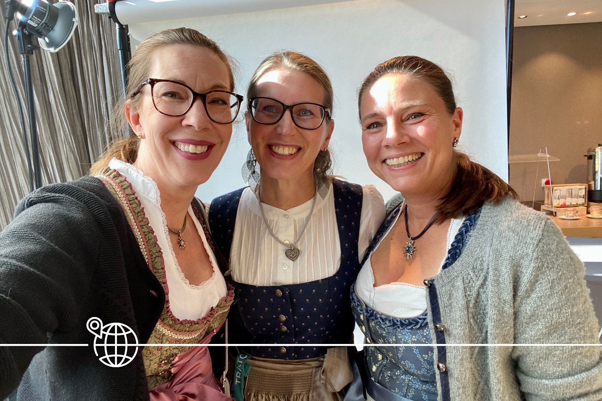 Bavarian Gemütlichkeit: In a good mood, I am preparing for last year's Oktoberfest with my colleagues Marianne Ekstedt (centre) from TRATON AB and Kerstin de Vaan from TRATON SE. Of course, we are wearing a dirndl, the typical Bavarian traditional dress.