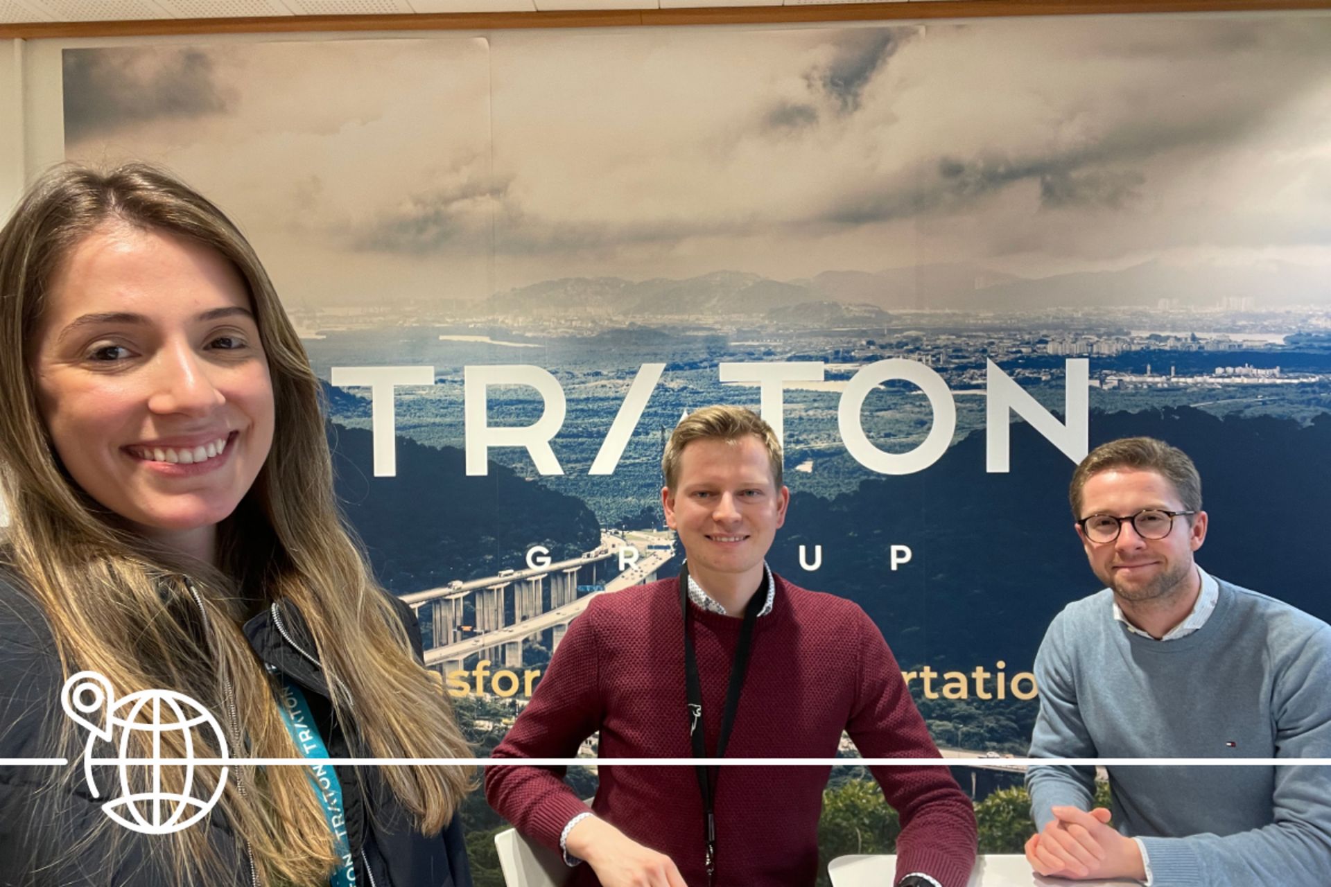 Carolina Moraes, Jan Rößing und Gustav Nacke Drei Personen vor einem TRATON Hintergrund